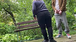 Amateur BBW milf gets a handjob and cums on her big ass in public